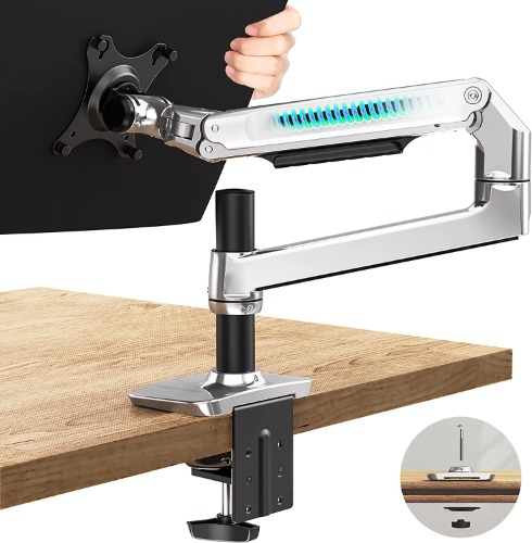 Ergounion Single Monitor Arm - VESA Mount Adjustable Monitor Stand, Monitor Mount for Drawing Tablet | Fits 13 - 34" Flat/Curved Monitor Within 25 lbs | C-Clamp and Grommet Base, Aluminum - Silver - Single-Silver