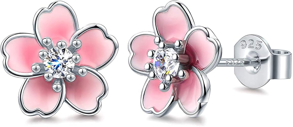 Pink Flower Earrings for Women, 925 Sterling Silver Stud Earrings, Cute Plumeria Earrings For Women, Cherry Blossom Hypoallergenic Stud - Pink