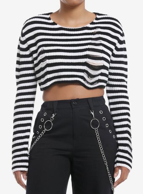 Social Collision Black & White Stripe Destructed Girls Crop Sweater | Hot Topic