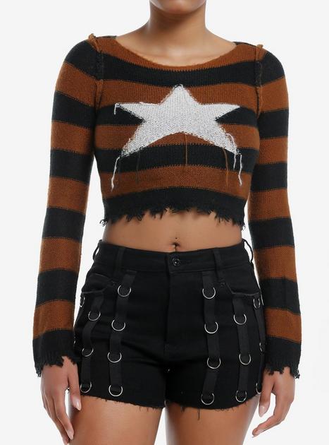 Social Collision Brown & Black Stripe Star Girls Crop Sweater | Hot Topic