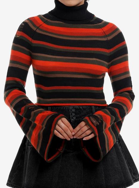 Sweet Society Orange & Brown Stripe Distressed Crop Girls Turtleneck Sweater | Hot Topic