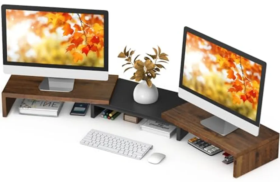TAVR Dual Monitor Stand Riser, Computer Monitor Stands for 2 Monitors, Extra Long Multifunctional Desktop Organizer Riser for Computer, Laptop, PC, Printer, TV, Max 48.2" Length, Rustic Brown