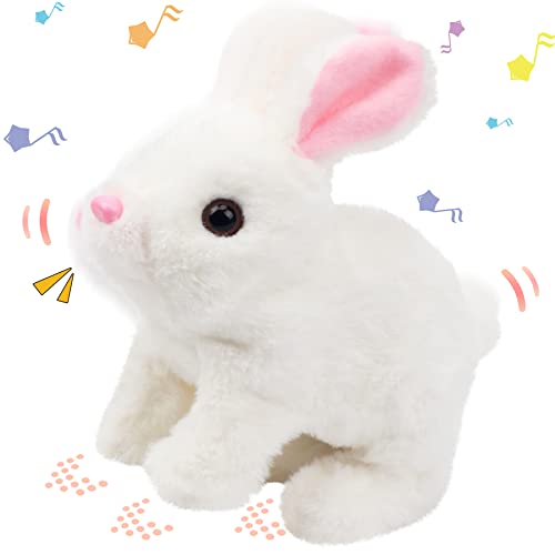 Hopearl Hopping Rabbit Interactive Electronic Pet Plush Bunny Toy with Sounds and Movements Animated Walking Wiggle Ears Twitch Nose Gift for Toddlers Birthday, White, 7'' - 01 White Bunny