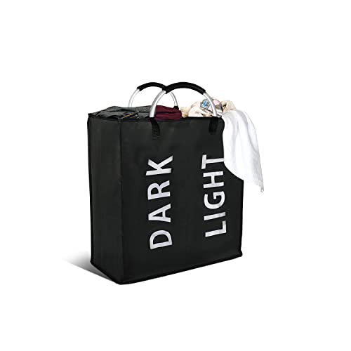 ADMOS Collapsible Laundry Basket Clothes Bag Collapsible Laundry Hamper Folding Washing Storage Bin PE Coating Waterproof Texture | Laundry Basket | Double Compartment Laundry Bag (Black) - Double Black