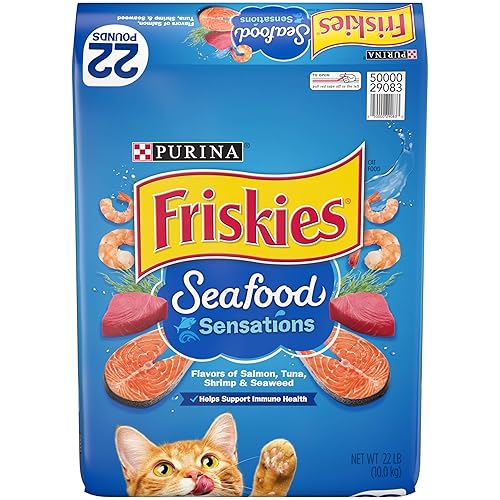 Purina Friskies Dry Cat Food, Seafood Sensations - 22 lb. Bag - Salmon, Tuna, Shrimp, Seaweed - 22 Pound (Pack of 1)
