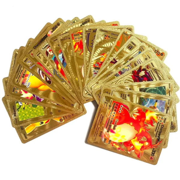 55 Pcs Gold Plated Cards TCG Card Ultra Rare Cards Gold Foil Assorted Cards Pack, Rare Shiny Rainbow Golden Collection Cards, No Duplicate Best Gift for Kids and Player