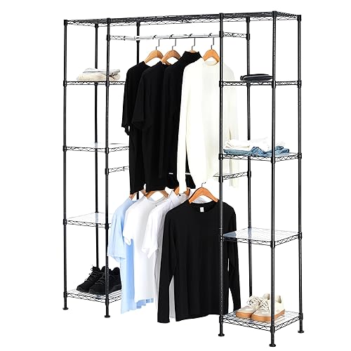 Amazon Basics Adjustable Expandable Metal Hanging Closet Storage Organizer Rack with Shelves, 57-80''L x 14''W x 72''H, Black - Black - Industrial