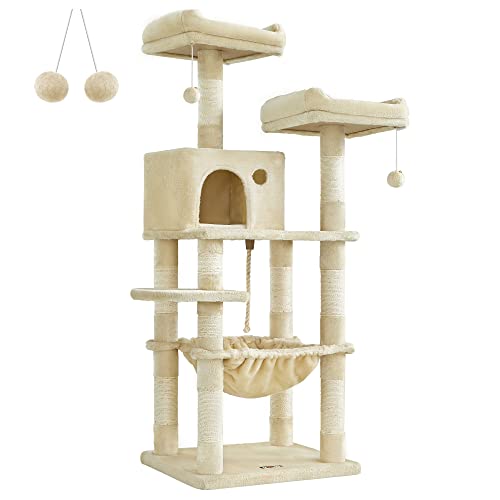 Feandrea Cat Tree, 56.3-Inch Cat Tower for Indoor Cats, Multi-Level Cat Condo with 11 Scratching Posts, 2 Perches, Cave, Hammock, Beige UPCT15BE - Beige - L (21.7 x 17.7 x 56.3 Inches)