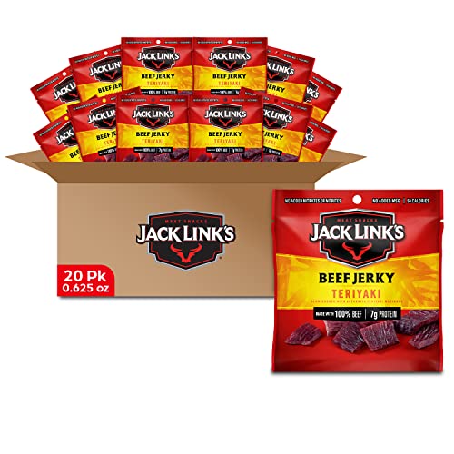 Jack Link's Beef Jerky, Teriyaki, Multipack Bags - Flavorful Meat Snack for Lunches, Ready to Eat - 7g of Protein, Made with Premium Beef, No Added MSG - 0.625 oz (Pack of 20) - Teriyaki - 0.625 Ounce (Pack of 20)