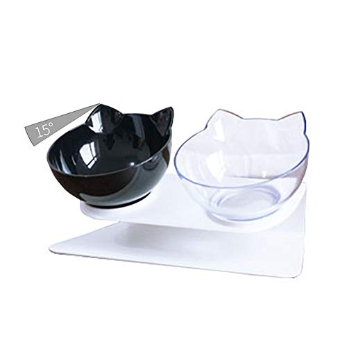 Luck Dawn Double Elevated Cat Bowls with Raised Stand, 15 Tilted cat Bowl Design Neck Guard Stand Raised Pet Food Water Feeder Bowl for Cats or Small Dogs - Double Bowl Clear & Black