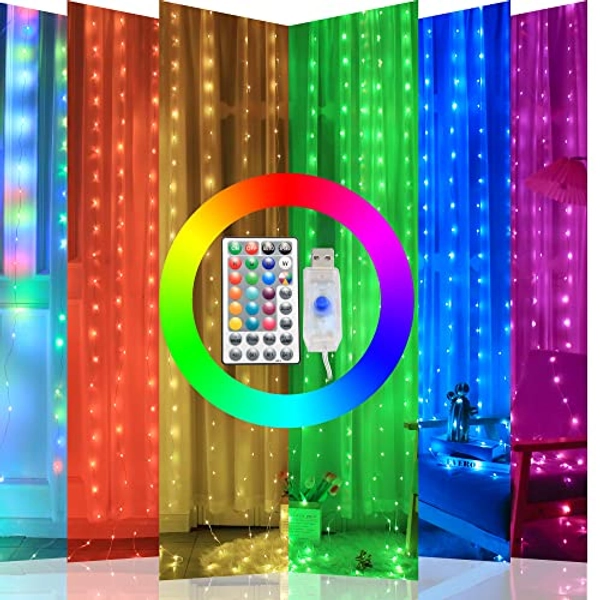 Color Changing Window Curtain String Lights,9.8 Ft X 9.8ft,300 LED RGB Fairy Lights,Remote Control Hanging Backdrop Lights,USB Powered Waterfall Lights for Bedroom Wall Windows,Indoor&Outdoor Décor