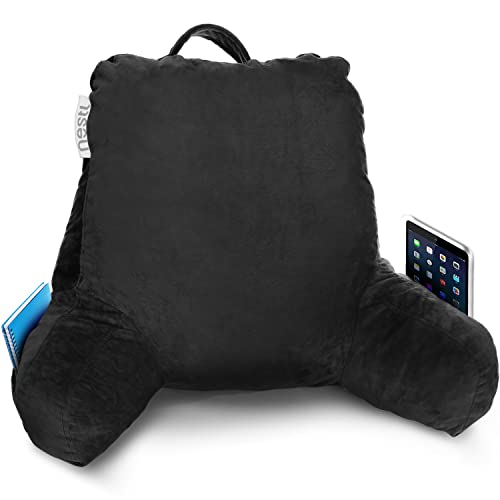 Nestl Reading Pillow Standard Bed Pillow, Back Pillow for Sitting in Bed Shredded Memory Foam Chair Pillow, Reading & Bed Rest Pillows Black Back Pillow for Bed, Bed Chair Arm Pillow with Pockets - Standard - Black