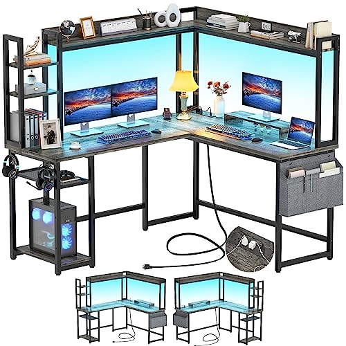 Aheaplus L Shaped Desk with Power Outlet, L Shaped Gaming Desk with Led Light & Hutch, Reversible Home Office Desk, Corner Computer Desk Writing Desk with Monitor Stand & Storage Shelves, Grey Oak - Black Oak