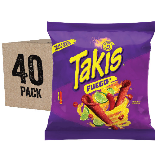 Takis Fuego Rolled Tortilla Chips, Hot Chili Pepper and Lime Artificially Flavored, Box of 40 Individual Bags, 1 Ounce Each, Net Weight 2 Pounds 8 Ounces (1.13 Kilograms) - Rolled Fuego