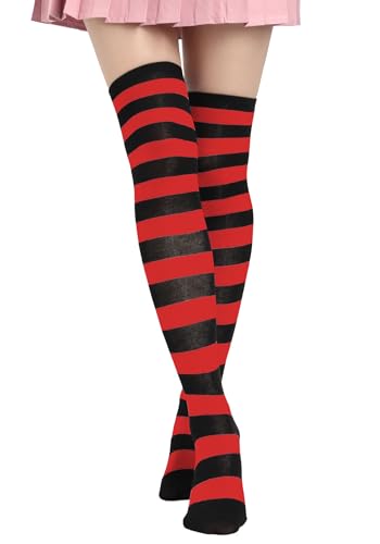 DAZCOS Striped Thigh High Socks Elastic Over The Knee Knit Stockings for Halloween Christmas Daily and Cosplay - One Size - Red+black