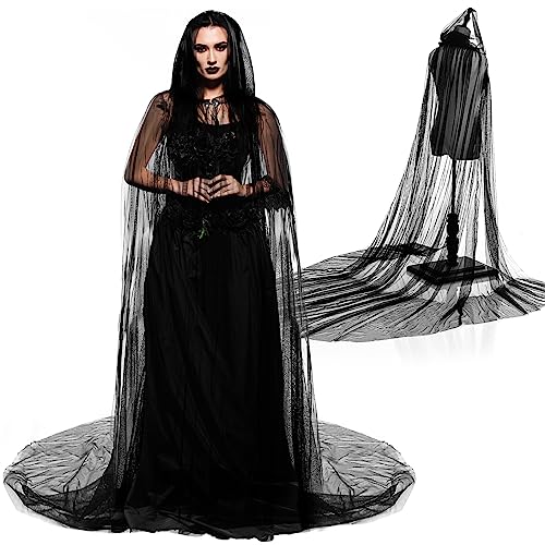 Hercicy Black Sheer Cap, Haunted Hooded Cape Witch Long Black Sheer Cape with Oversized Hood, Elf Cloak Wedding Tulle Robe for Women Bride Vampire Costume Dress Black