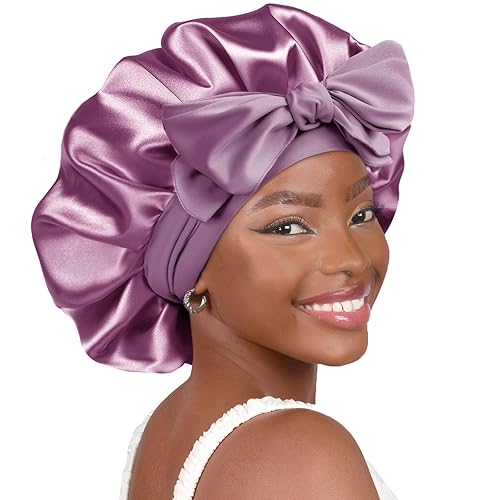 YANIBEST Satin Bonnet Silk Bonnet for Sleeping Double Layer Satin Lined Hair Bonnet with Tie Band for Women Curly Hair - Large - Purple