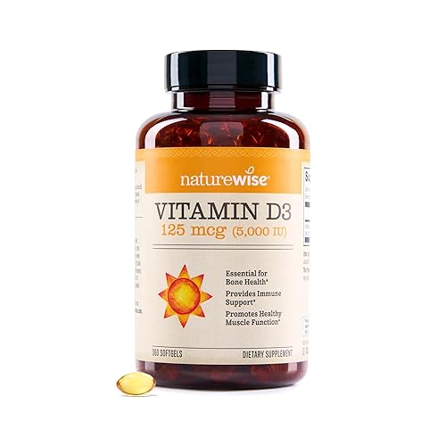 NatureWise Vitamin D3 5000iu (125 mcg) 1 Year Supply for Healthy Muscle Function, and Immune Support, Non-GMO, Gluten Free in Cold-Pressed Olive Oil, Packaging Vary ( Mini Softgel), 360 Count - 5000IU - 360 Count (Pack of 1)