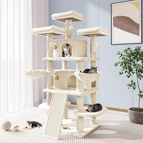 Allewie 68 Inches Cat Tree/House and Towers for Big Feline/Scratching Post/Multi-Level Large Kitty Climbing Tree with Condo/Beige - Beige