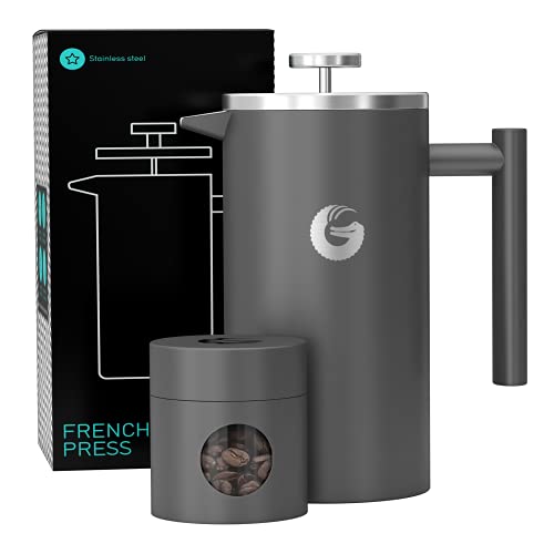 Coffee Gator French Press Coffee Maker - Thermal Insulated Brewer Plus Travel Jar - Large Capacity, Double Wall Stainless Steel - 34oz - Gray - Gray