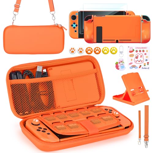 Younik Switch Accessories Bundle, 15 in 1 Switch Accessories Kit Include Switch Carrying Case with 9 Game Card Slots, Adjustable Stand, Protective Case for Switch Console & J-Con(Orange) - Orange