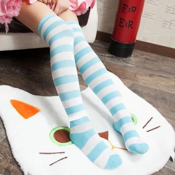Striped Thigh Highs (7 Colors) | Blue/White