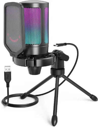 FIFINE Gaming USB Microphone for PC PS5, Condenser Mic with Quick Mute, RGB Indicator, Tripod Stand, Pop Filter, Shock Mount, Gain Control for Streaming Discord Twitch Podcasts Videos- AmpliGame : Video Games
