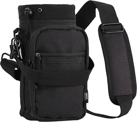 Nuovoware Water Bottle Carrier, 40oz Bottle Carrier Sports Insulated Water Bottle Holder with Adjustable Shoulder Strap, 2 Pockets Flask Sling Bag Drawstring Pouch for Climbing Hiking Walking, Black : Sports & Outdoors