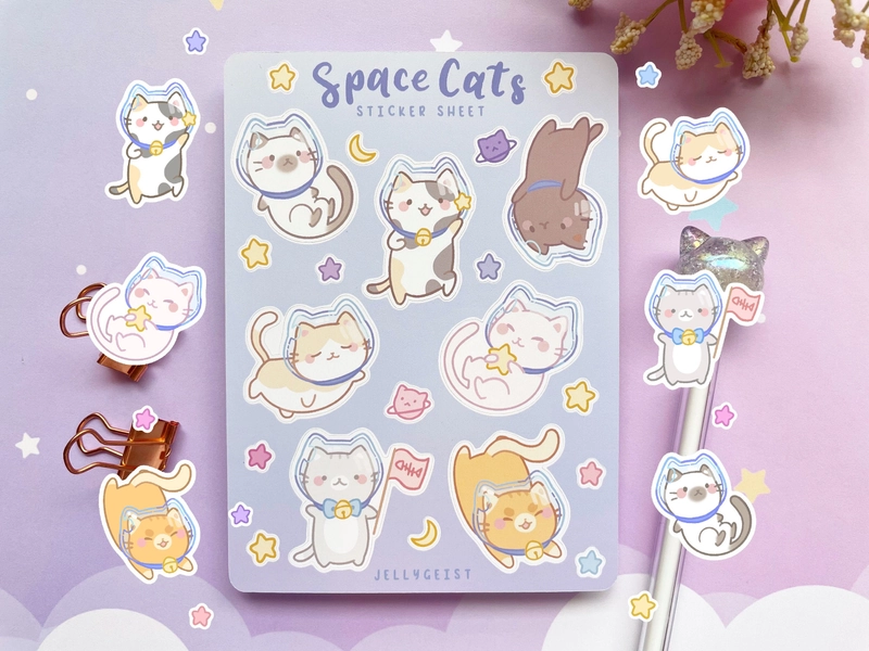 Space Cats Sticker Sheet | Cute for Planners Bullet Journal Notebook or Scrapbook