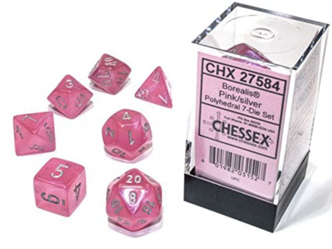 DND Dice Set-Chessex D&D Dice-16mm Borealis Pink and Silver Luminary Plastic Polyhedral Dice Set-Dungeons and Dragons Dice Includes 7 Dice - D4 D6 D8 D10 D12 D20 D% Multi-Coloured CHX27584