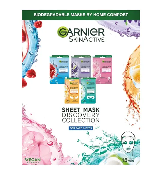 Garnier Sheet Mask Discovery Collection, Face & Eye Sheet Mask set for Dehydrated, Dull and Tired Skin, with glycerin and hyaluronic acid - Pack of 5 Sheet Masks