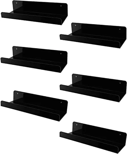 Sooyee 6 Pack Black Floating Shelves,15 Inch Acrylic Shelves Floating Bookshelf,Acrylic Shelf, Invisible Picture Ledge Wall Mounted Shelves, Display Shelves