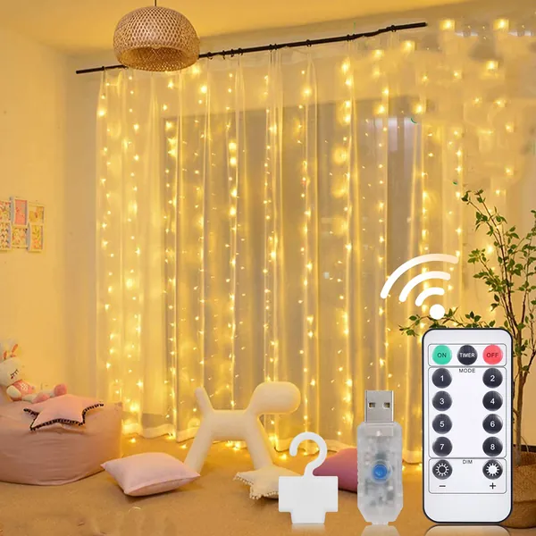 Curtain Lights, 9.8 X 9.8 ft 300 LED Curtain Lights For Bedroom Fairy Lights 8 Lighting Modes Twinkle Lights Curtain String Lights For Bedroom window Decor Outdoor Indoor Wedding Birthday Christmas (Yellow) - Yellow