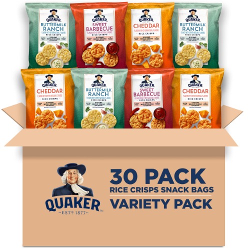 Quaker Rice Crisps, Gluten Free, 3 Flavor, Single Serve, 0.67, Savory Variety Pack, 20.1 Oz,Pack of 30 - Crisps, Savory Variety Pack
