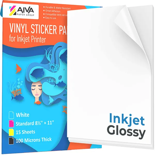 Printable Vinyl Sticker Paper for Inkjet Printer - Glossy White - 15 Self-Adhesive Sheets - Waterproof Decal Paper - Standard Letter Size 8.5"x11" - 15