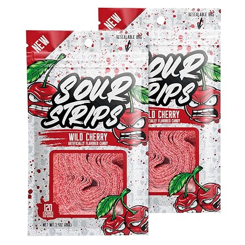 SOUR STRIPS Wild Cherry Flavored Candy | Deliciously Chewy Belts Vegetarian Candies, 12 per Pack, 2 Pack