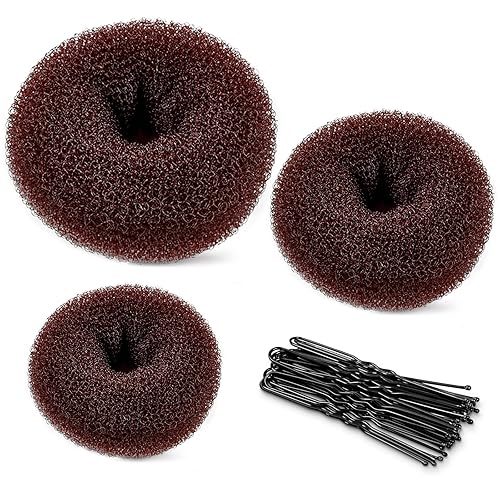 TsMADDTs Donut Hair Ring Style Set with Large Bobby Pins, Dark Brown - 3 Bun Makers & 20 Pins - Brown