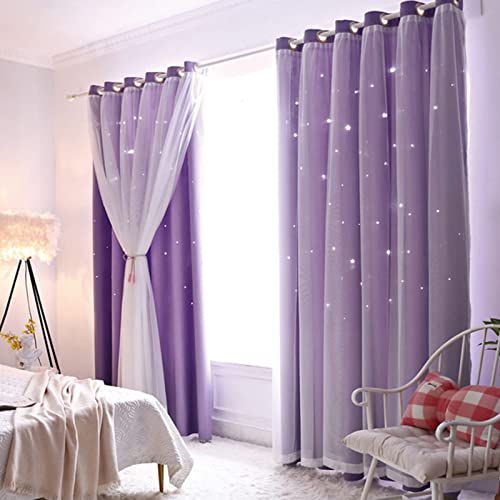 Lanqinglv Star Blackout Curtains with Nets,Lilac Star Panels Nursery Double Layer Window Curtains for Kids Girls Room Bedroom Living Room Decoration,2 Panels,W 52 in x L 63 in - Lilac - 2x W52" X L63"