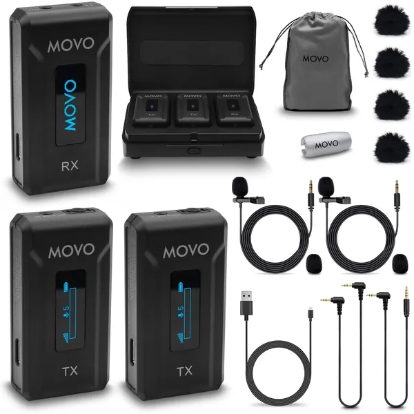 Movo WMX-2-DUO Dual Wireless Lavalier Microphone System with Charging Case, Onboard Mics, Clip-on Lapel Mics, 7HR Battery, 100m Range, Adjustable Gain, LED Display - for Camera, Smartphone, Video
