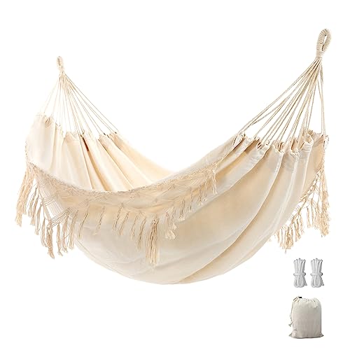 Double Hammock with Elegant Tassels and Fishtail Knitting - 2 Person Portable Outdoor/Indoor Hammock, Includes Tie Ropes and Carry Bag - Perfect for Camping, Porch, Garden - Beige