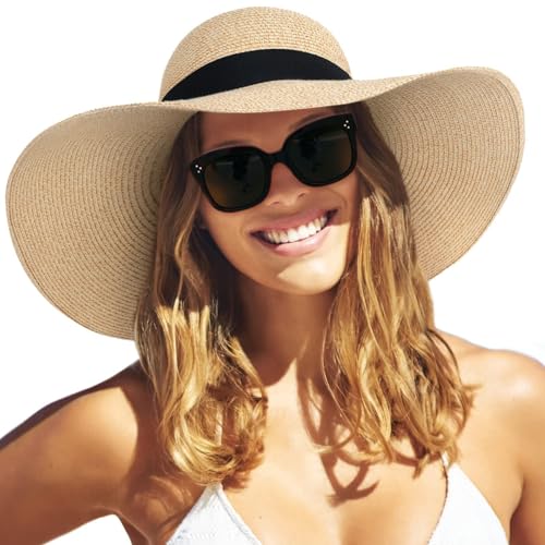 FURTALK Womens Sun Straw Hat Wide Brim UPF 50 Summer Hat Foldable Roll up Floppy Beach Hats for Women - Large-X-Large - 02-Mix Beige
