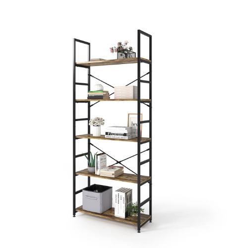 Magic Life Bookshelf, Industrial Bookcase, 5-Tier Wooden Storage Shelf with Metal Frame for Living Room, Bedroom, Entryway, Office, Easy Assembly, Rustic Brown - 