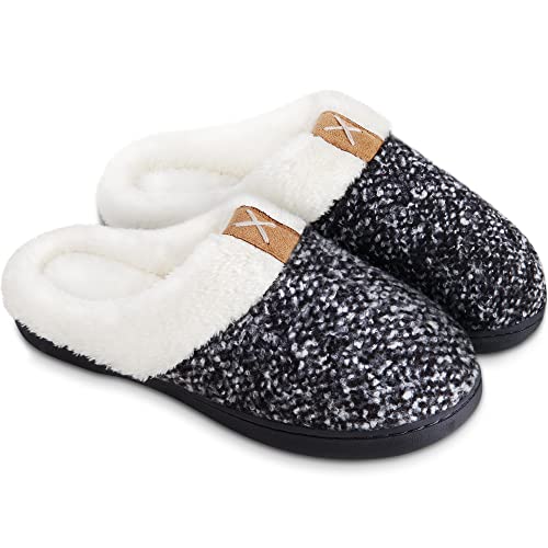 BERGMAN KELLY Women's Slippers, Memory Foam Indoor/Outdoor House Shoes w/Ultra Soft Wool-Like Plush Fleece Lining, Multiple Colors & Sizes, Prairie Collection - 7-8 - Salt & Pepper Black