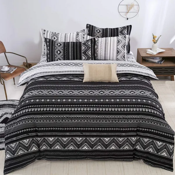 Black Boho Aztec Comforter Set King, Reversible White Striped Bedding Set with 2 Pillowcases,3Pcs Bohoemian Tribal Comforter Set for All Seasons King 90"x103" - King 90“×103” Black