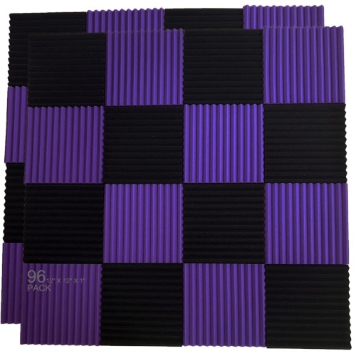 96 Pack Allxinlog Absorb the echo Acoustic Foam Panel Wedge Studio Soundproofing Wall Tiles 12" X 12" X 1" (48Purple+48Black)