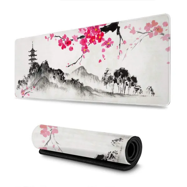 Japanese Mountains Cherry Blossom Gaming Mouse Pad XL, Extended Large Mouse Mat Desk Pad, Stitched Edges Mousepad, Long Nonslip Rubber Base Mice Pad, 31.5 X 11.8 Inch