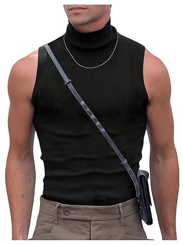 RoseSeek Men's High Neck Tank Top Sleeveless Ribbed Knit Slim Fit Tank Vest Casual Basic Tee Tops - Small - Black