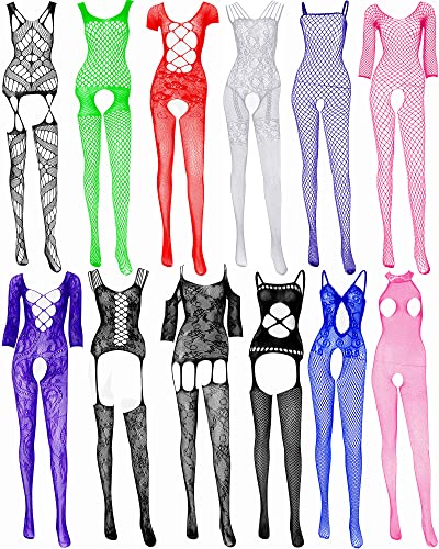 SATINIOR 12 Pieces Women's Fishnet Lingerie Mesh Bodysuit Lace Smock Lingerie for Women - Popular Style