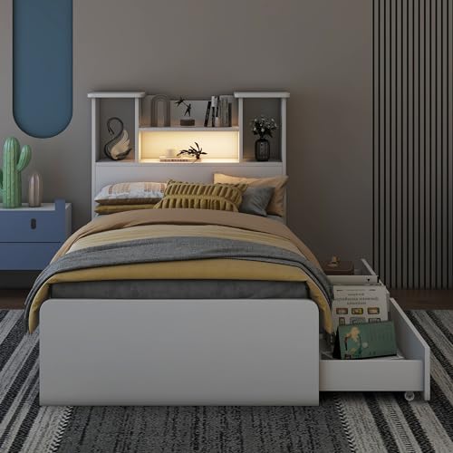 Harper & Bright Designs Twin Size Bed with Storage Headboard and Drawers, Solid Wood Twin Platform Bed Frame with 2 Drawers and 4 Shelves, No Box Spring Needed - White - White - Twin+Trundle