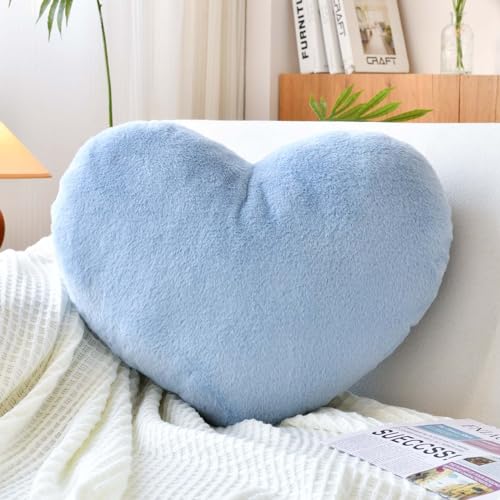 XVTRU Soft Heart Shaped Pillows, Cute Beige Heart Decorative Pillow, 12.9"x9.8" Heart Plush Cushion, Faux Rabbit Fur Room Decor Throw Pillow for Couch Bed Women Valentine's Day Xmas Gift - Dusty Blue - Mini-12.9"x9.8"